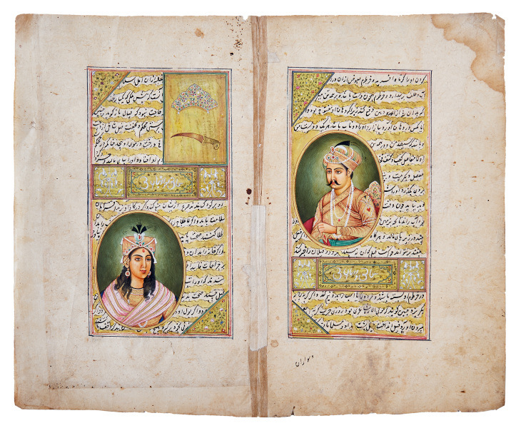 Doppelblatt mit Portrait des Großmoguls Akbar und seiner Frau...